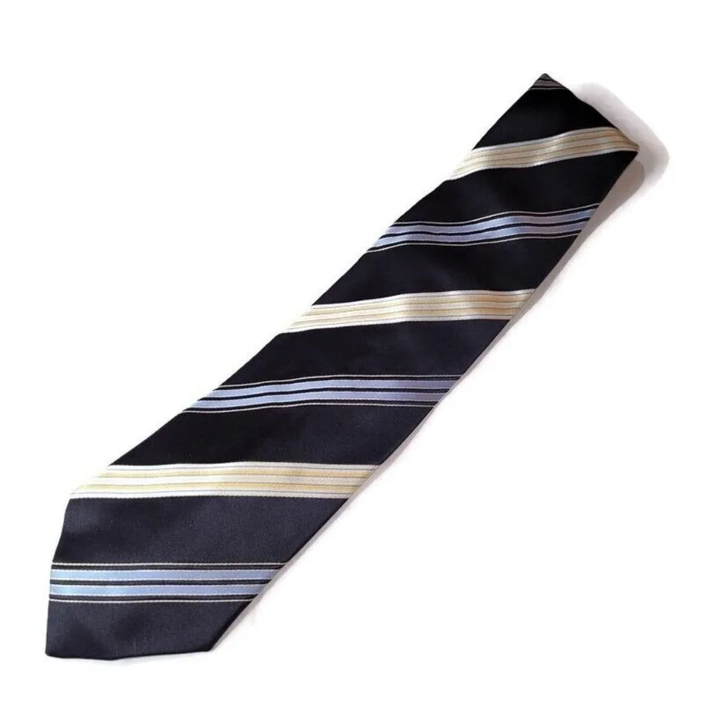 Via Vai Tie Men‎ Silk Necktie Hand Made in Italy Black Blue/Yelllow Stripes